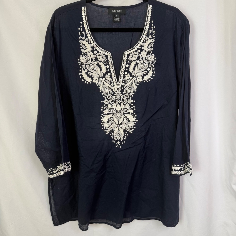 Karen Kane Embroidered‎ Tunic Top Navy Blue 2X NWT Luxury Boho Chic $158 - Picture 2 of 10